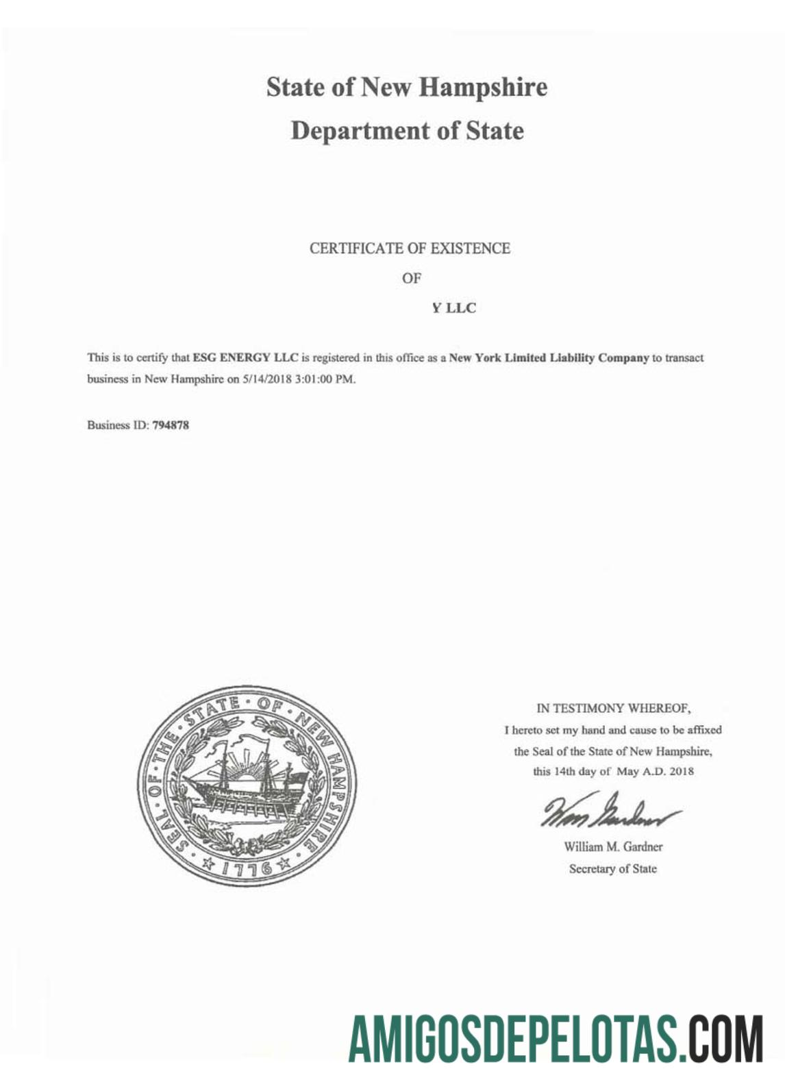 Certificado de boa reputação dos EUA New Hampshire amostra